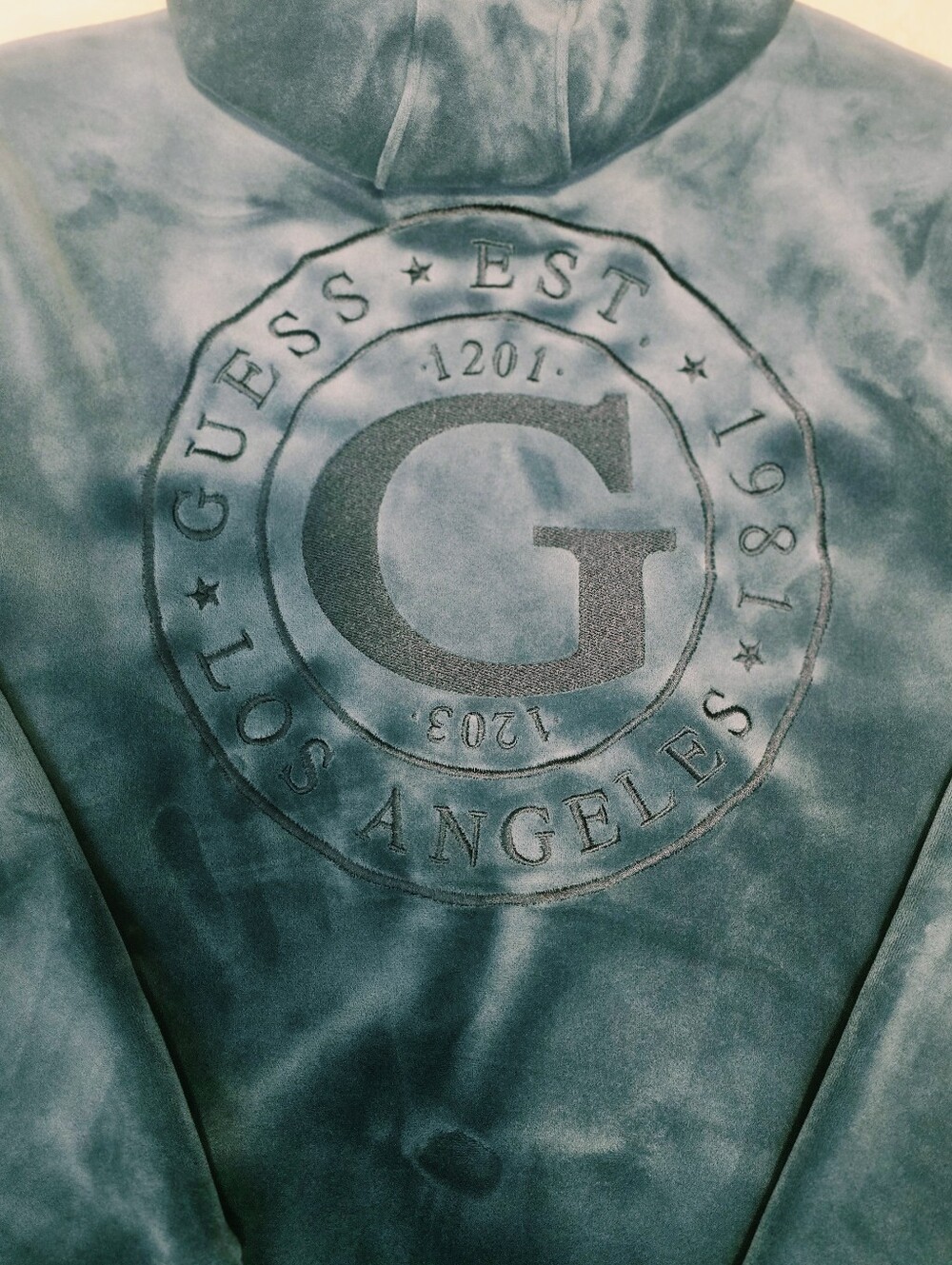 GUESS Teal Blue Velour Velvet Hoodie Pullover Sweatshirt Y2K Streetwear unisex